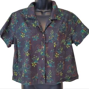Women's Jeff Granito tiki deep dive print Hawaiian shirt L